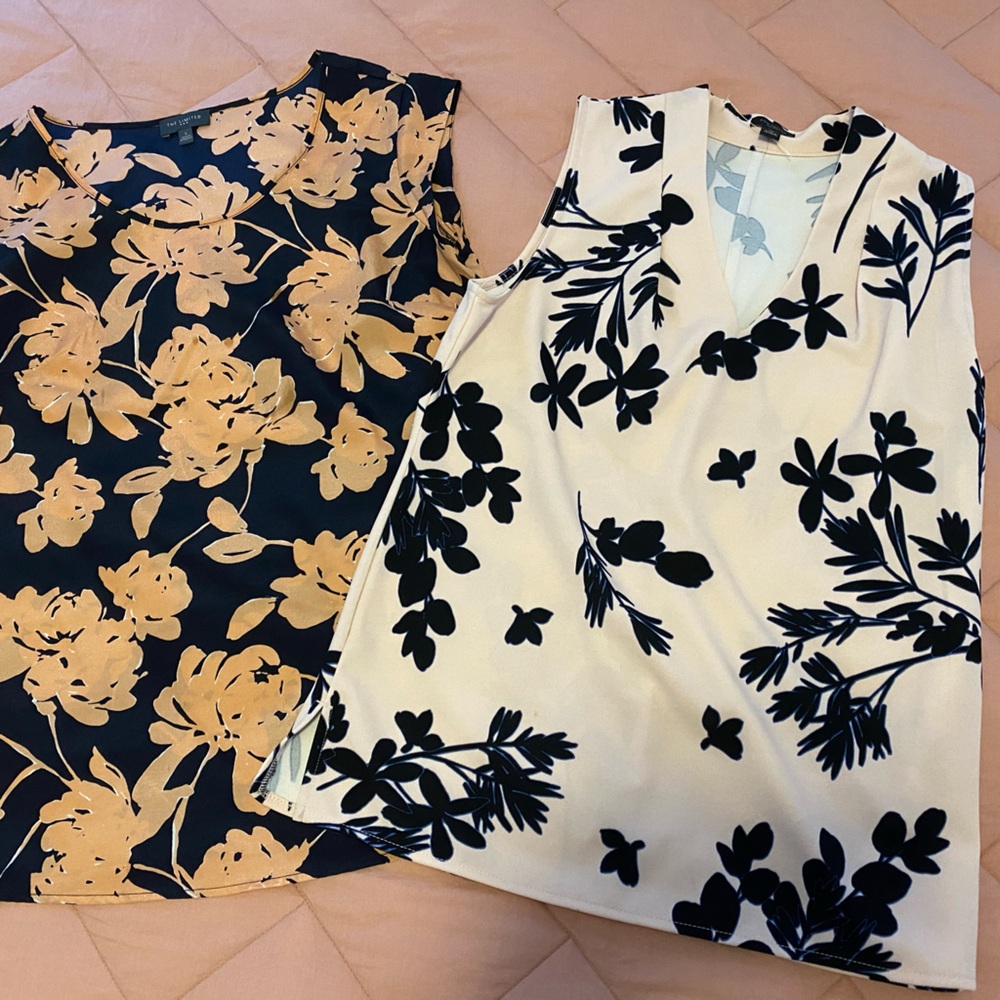 Ann Taylor (XS) & The Limited (S) Floral Patterned Top in Cream and Gray Bundle